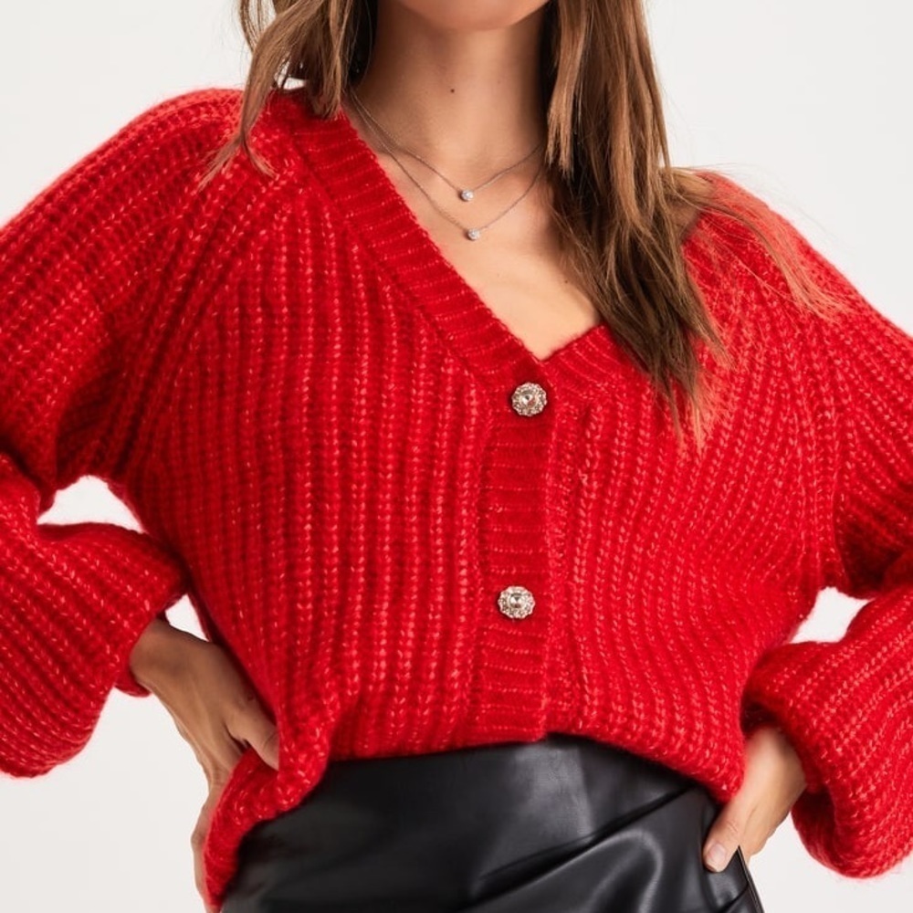 NWOT Sparkling Season Red Rhinestone Button-Up Cardigan Sweater
